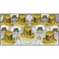 gold party kit for New Years Eve with high class tiaras and bright gold horns and beads