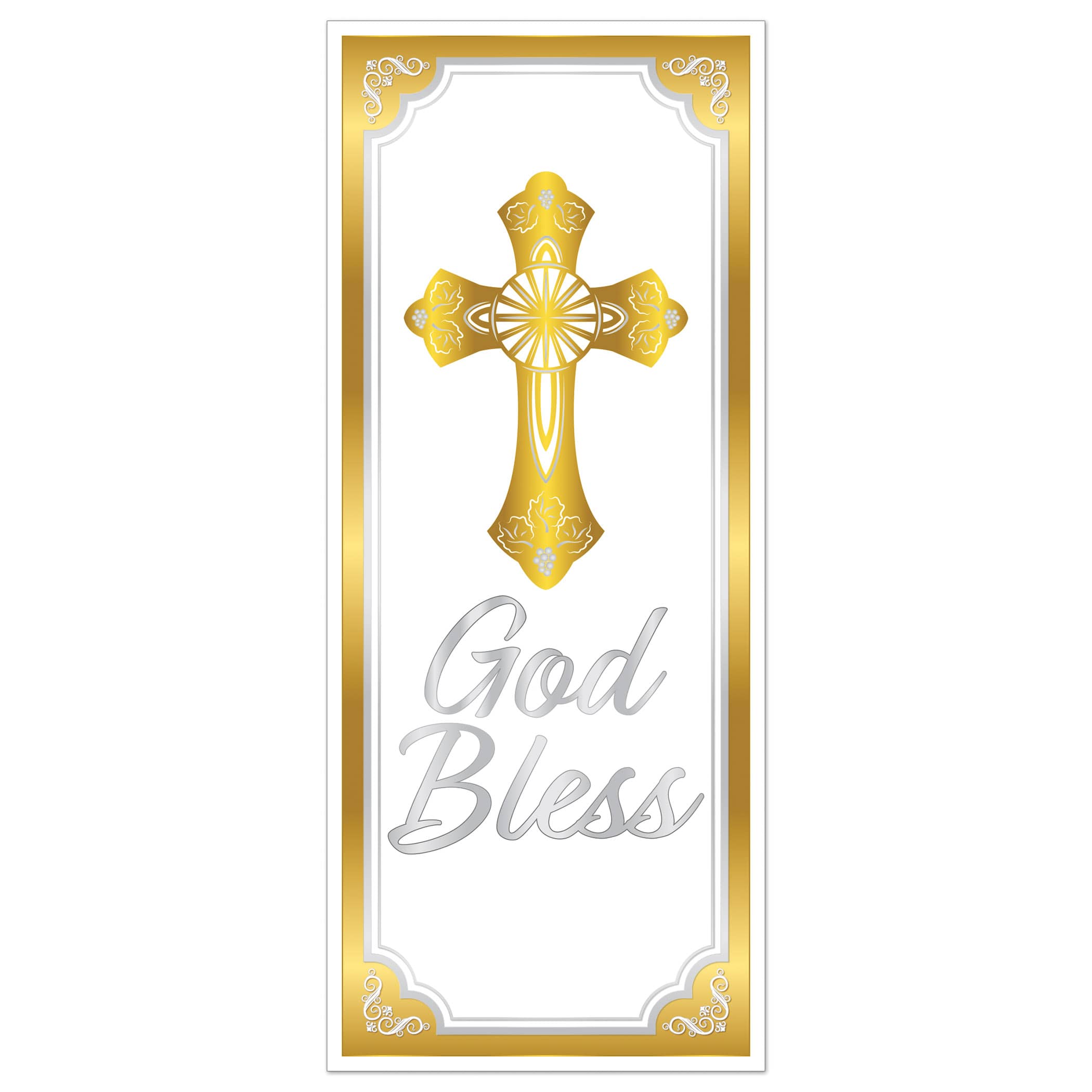 Gold Trim God Bless Door Cover (Pack of 12) god bless door cover, religious door decoration, gold silver white décor, all-weather religious cover, church event decorations, baptism door cover, First Communion décor, inspirational party supplies