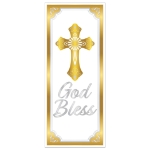 Gold Trim God Bless Door Cover (Pack of 12) god bless door cover, religious door decoration, gold silver white décor, all-weather religious cover, church event decorations, baptism door cover, First Communion décor, inspirational party supplies