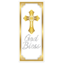 Gold Trim God Bless Door Cover (Pack of 12) god bless door cover, religious door decoration, gold silver white décor, all-weather religious cover, church event decorations, baptism door cover, First Communion décor, inspirational party supplies