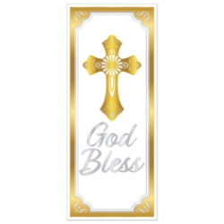 Gold Trim God Bless Door Cover (Pack of 12) god bless door cover, religious door decoration, gold silver white décor, all-weather religious cover, church event decorations, baptism door cover, First Communion décor, inspirational party supplies