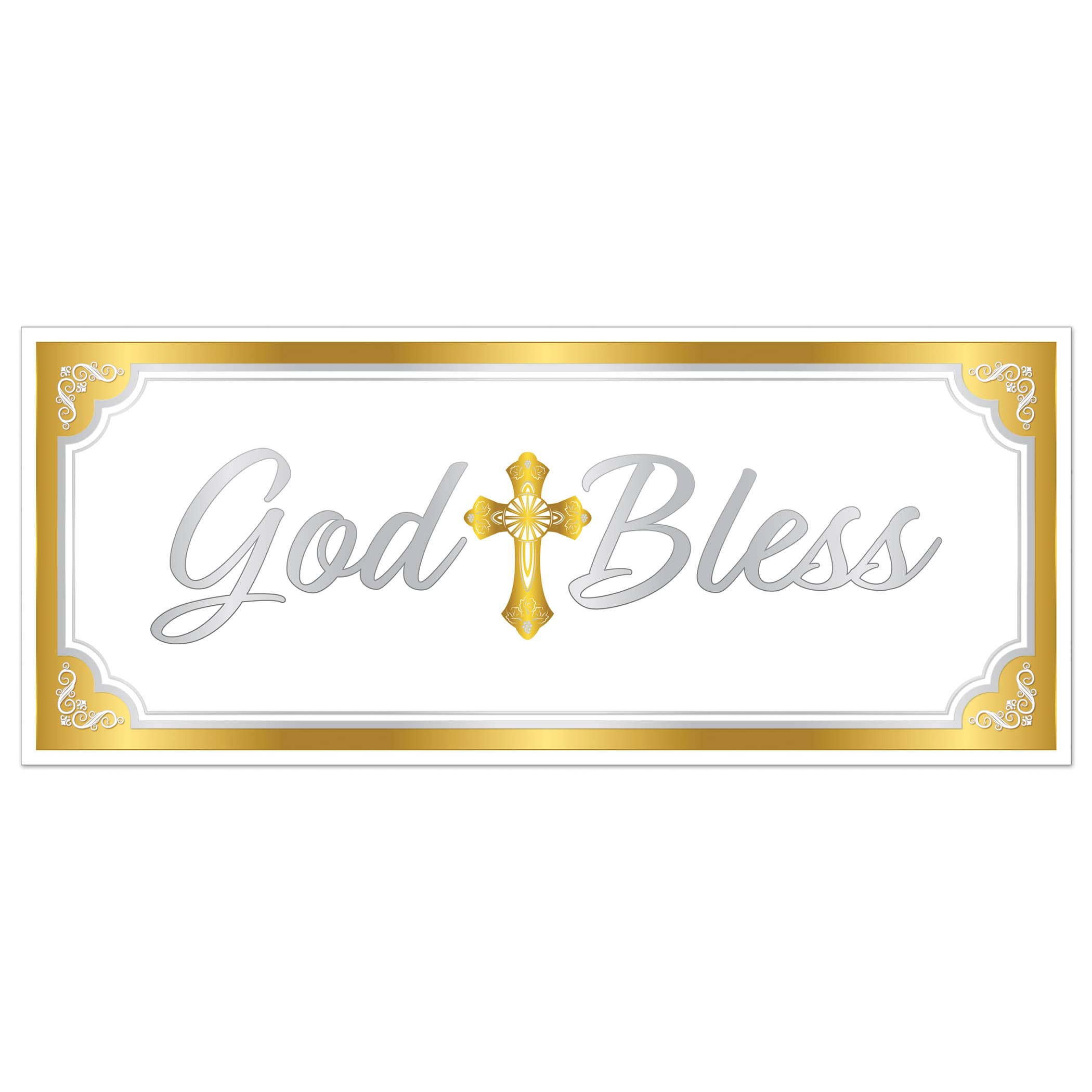 Gold Trim God Bless Oversized Sign Banner (Pack of 12) god bless banner, religious oversized banner, gold silver white décor, all-weather religious sign, church event decorations, baptism banner, First Communion décor, inspirational party supplies