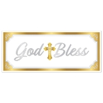 Gold Trim God Bless Oversized Sign Banner (Pack of 12) god bless banner, religious oversized banner, gold silver white décor, all-weather religious sign, church event decorations, baptism banner, First Communion décor, inspirational party supplies