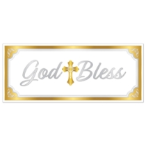Gold Trim God Bless Oversized Sign Banner (Pack of 12) god bless banner, religious oversized banner, gold silver white décor, all-weather religious sign, church event decorations, baptism banner, First Communion décor, inspirational party supplies