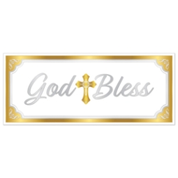 Gold Trim God Bless Oversized Sign Banner (Pack of 12) god bless banner, religious oversized banner, gold silver white décor, all-weather religious sign, church event decorations, baptism banner, First Communion décor, inspirational party supplies