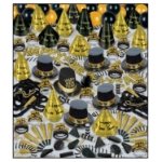 black and gold nye party kit with a lot of different party favors for 100 people