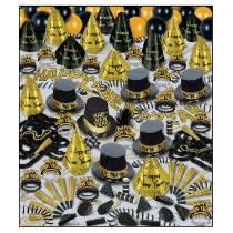 black and gold nye party kit with a lot of different party favors for 100 people