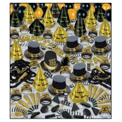 black and gold nye party kit with a lot of different party favors for 100 people