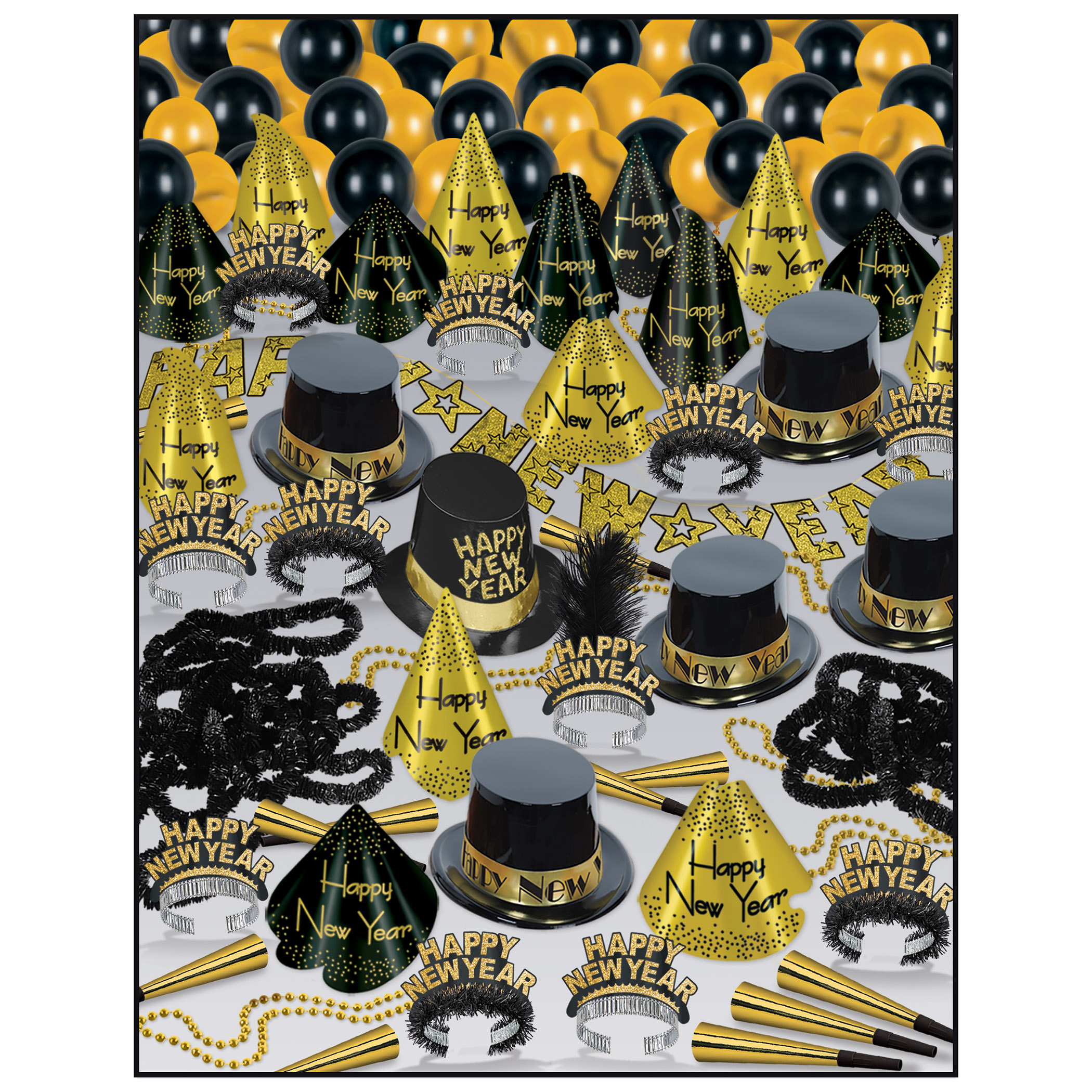 black and gold nye party kit with a lot of different party favors for 100 people