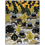 black and gold nye party kit with a lot of different party favors for 100 people