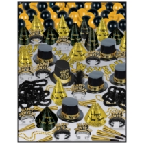 black and gold nye party kit with a lot of different party favors for 100 people