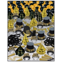 black and gold nye party kit with a lot of different party favors for 100 people