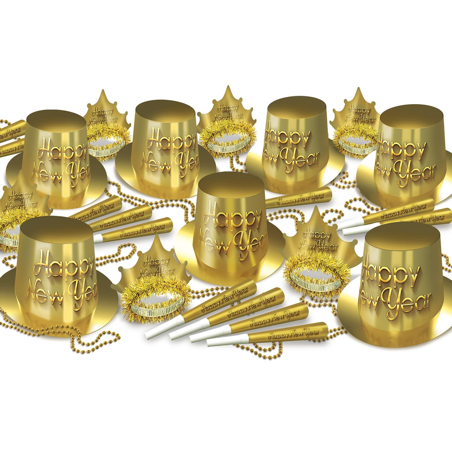 Golden New Year Assortment for 50  Golden New Year Assortment for 50 , 2022, gold, new years eve, party kit, hat, tiara, horn, bead, wholesale, inexpensive, bulk, party favor