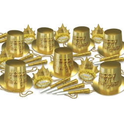 Golden New Year Assortment for 50  Golden New Year Assortment for 50 , 2022, gold, new years eve, party kit, hat, tiara, horn, bead, wholesale, inexpensive, bulk, party favor