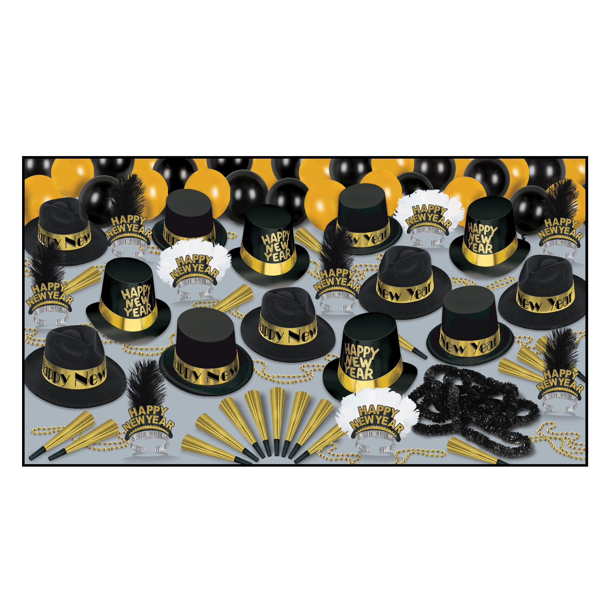 large assortment of new years eve party supplies that includes black and gold party hats, balloons, tiaras, horns