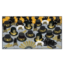 large assortment of new year's eve party supplies that includes black and gold party hats, balloons, tiaras, horns