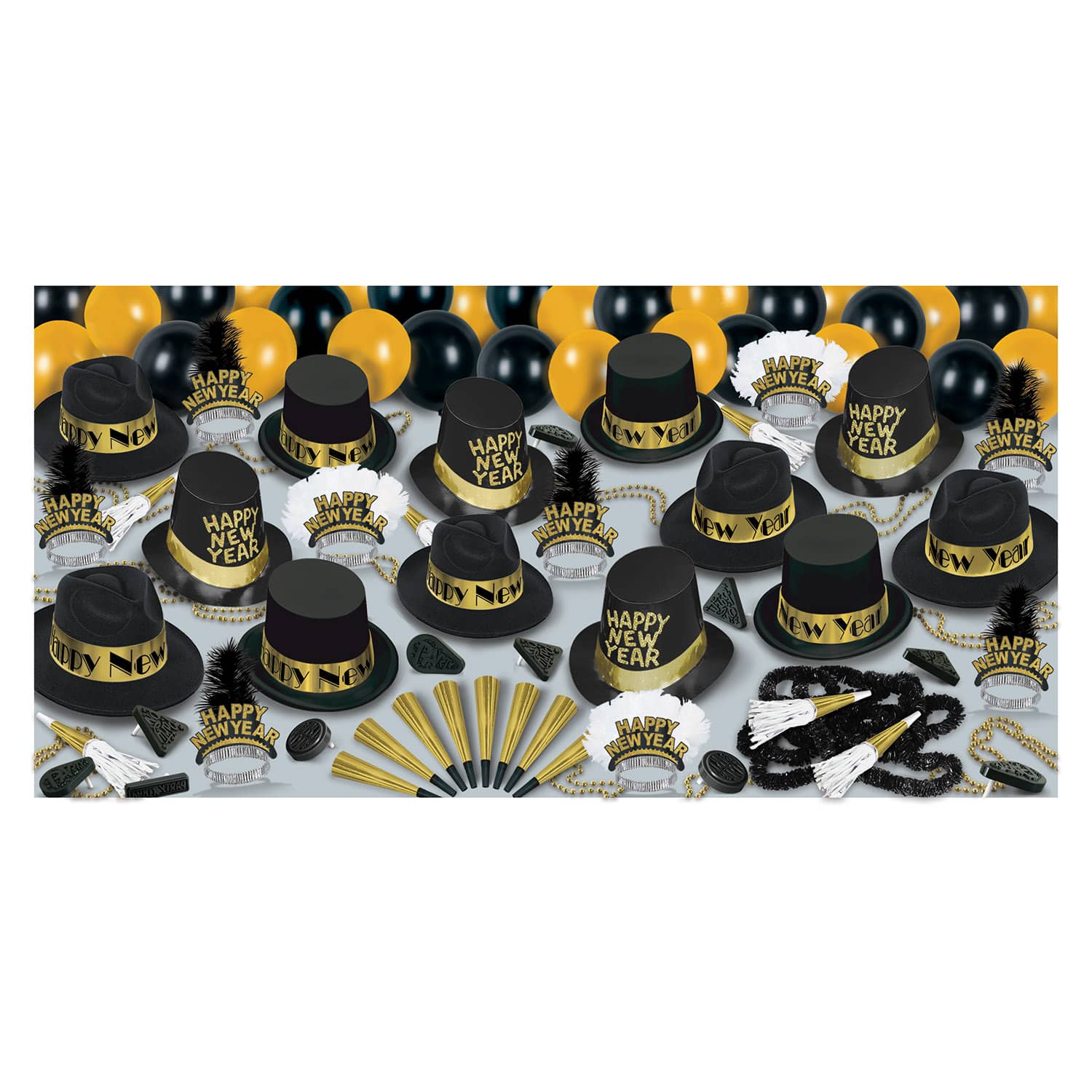 large assortment of new years eve party supplies that includes black and gold party hats, balloons, tiaras, horns, and noisemakers