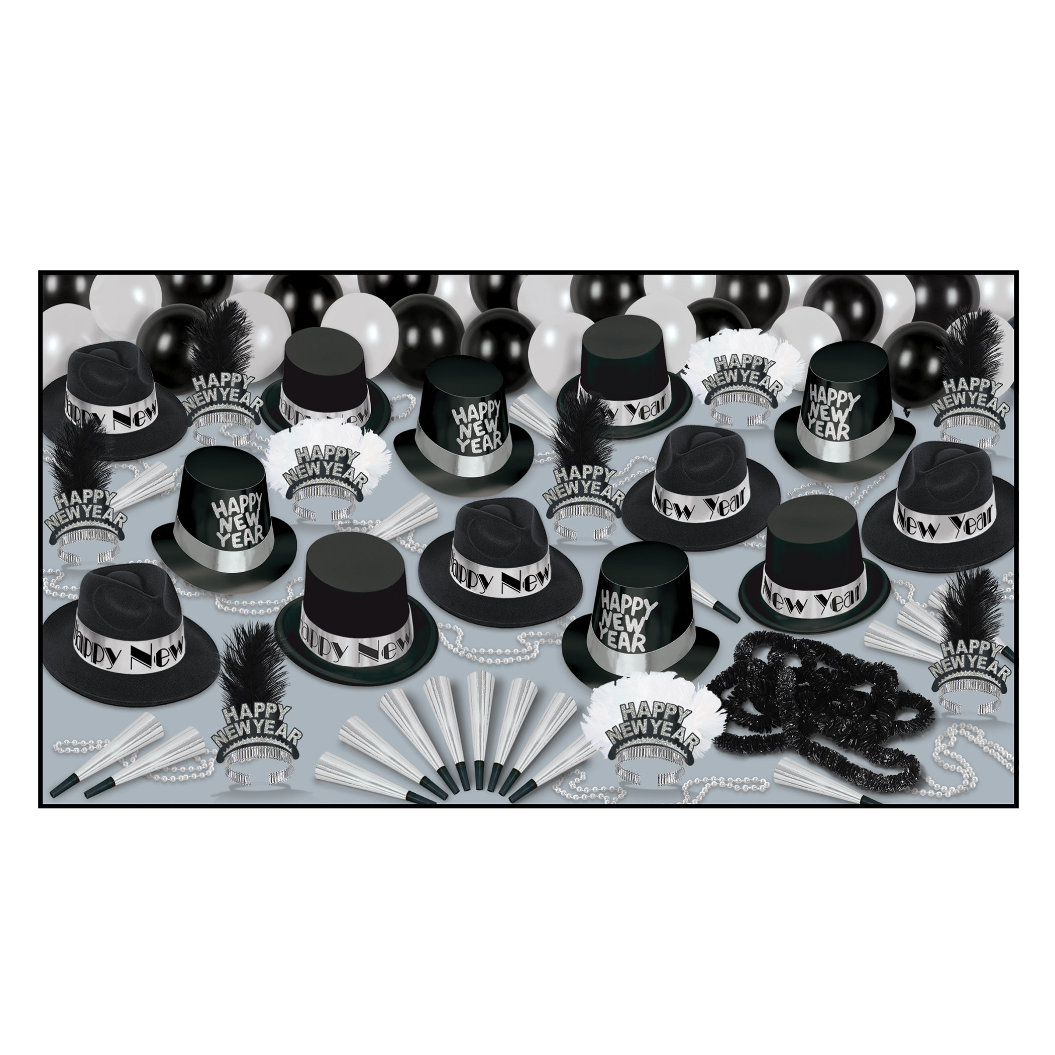 Grand Deluxe Silver - New Years Party Kit for 50 New Years Eve, party, kit, assortment, hats, tiaras, horns, noisemakers 