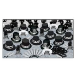 Grand Deluxe Silver - New Years Party Kit for 50 New Years Eve, party, kit, assortment, hats, tiaras, horns, noisemakers 