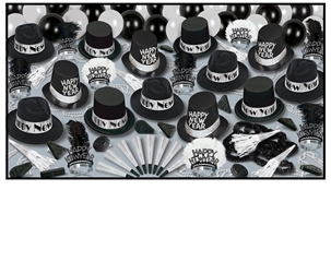 Grand Deluxe Silver - New Years Party Kit for 50 New Years Eve, party, kit, assortment, hats, tiaras, horns, noisemakers 