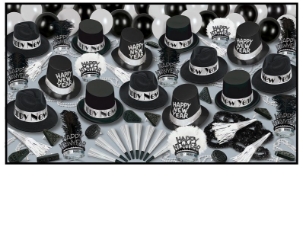 Grand Deluxe Silver - New Years Party Kit for 50 New Years Eve, party, kit, assortment, hats, tiaras, horns, noisemakers 