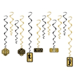 Black and gold metallic whirls with 20's themed icons attached.