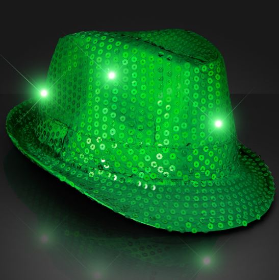 Green Light Up Fedoras (Pack of 6) Light Up, Glow in the Dark, LED, New Years Eve, St. Patricks Day, Mardi Gras, Party Hats, Light up hats, Fedoras, Sequin Fedoras, Party Supplies, Wholesale Party Goods, Bulk Packs, Inexpensive party supplies