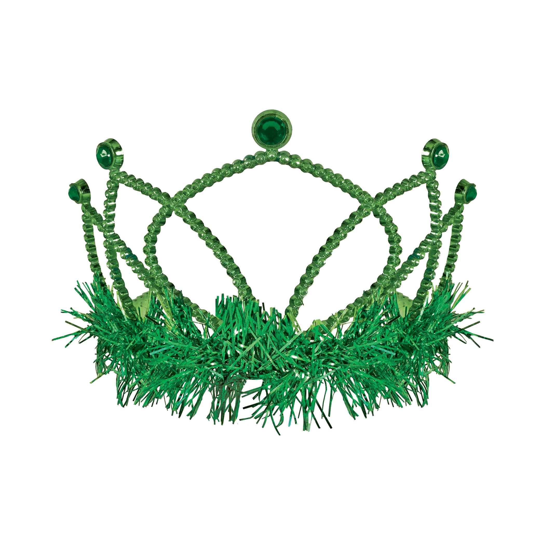 Green Plastic Fringed Tiara (Pack of 12) green plastic tiara, green tiara party favors, tinsel fringe tiara, combs attached tiara, costume tiara, birthday tiara, kids party accessories, bulk tiaras, green party decorations, Party Express tiaras