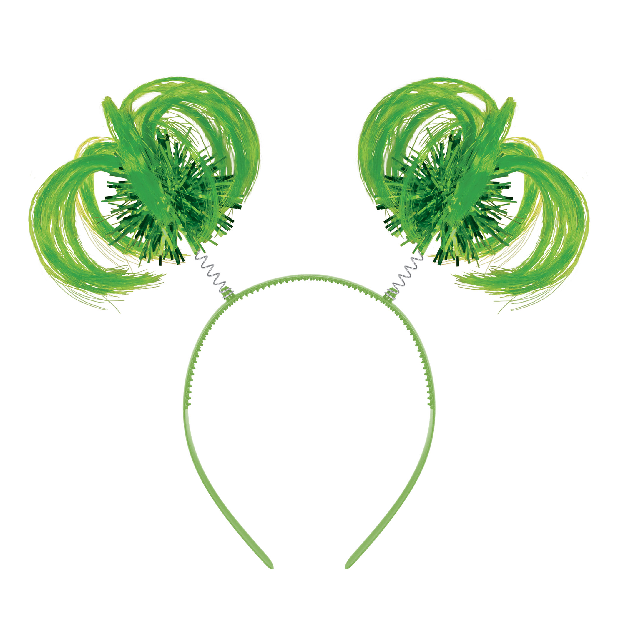 Green Ponytail Boppers (Pack of 12) green ponytail boppers, synthetic hair boppers, metallic fringe boppers, snap-on headband boppers, party headbands, spirit day accessories, cheer accessories, green costume accessories, bulk party favors, Party Express boppers