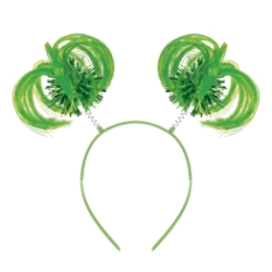 Green Ponytail Boppers (Pack of 12) green ponytail boppers, synthetic hair boppers, metallic fringe boppers, snap-on headband boppers, party headbands, spirit day accessories, cheer accessories, green costume accessories, bulk party favors, Party Express boppers
