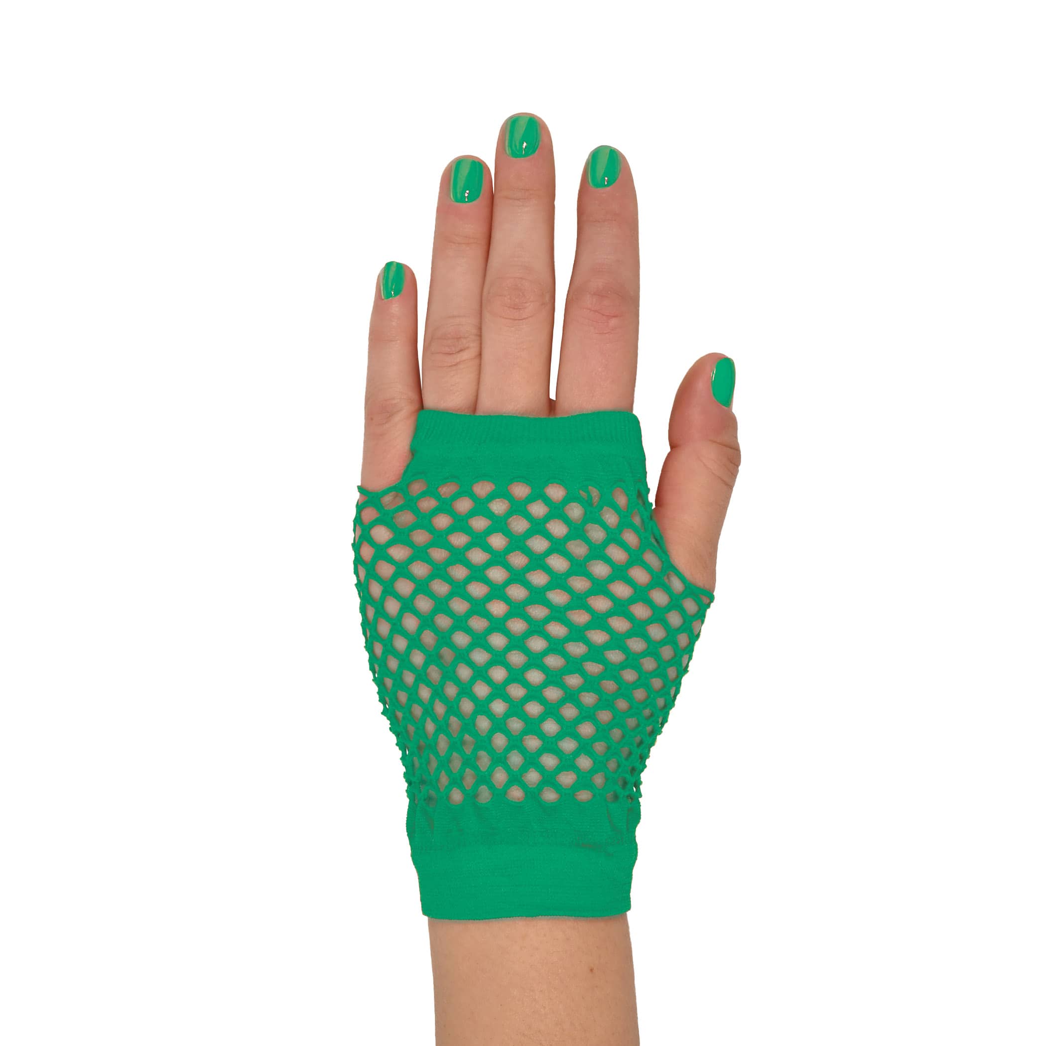 Green Short Fishnet Gloves (Pack of 12 Pairs) green fishnet gloves, short fishnet gloves, 4 inch gloves, polyester fishnet gloves, 80s costume accessories, retro gloves, dance gloves, one size fits most gloves, Party Express gloves, pack of 12 gloves