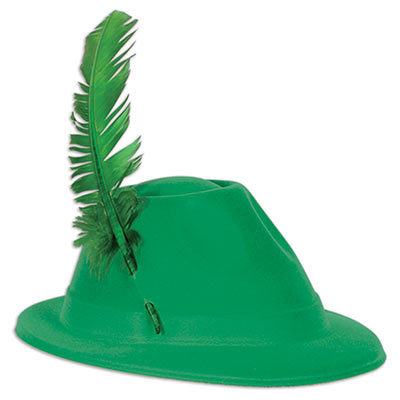 Green alpine hat with velour material and a fun green feather.