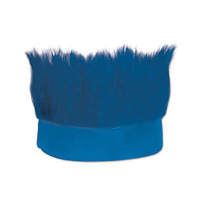 Blue fabric headband with  hair like material standing straight up.