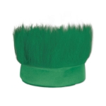 Green fabric headband with  hair like material standing straight up.