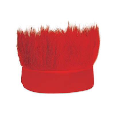 Red fabric headband with  hair like material standing straight up.