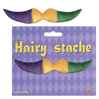 Gold, green and purple material hairy mustache.