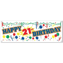 21st Birthday banner with printed design of assorted colored balloons and confetti.