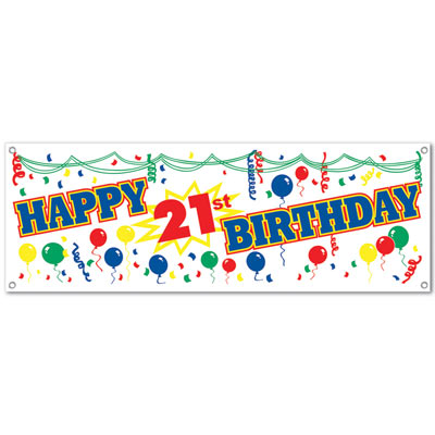 21st Birthday banner with printed design of assorted colored balloons and confetti.