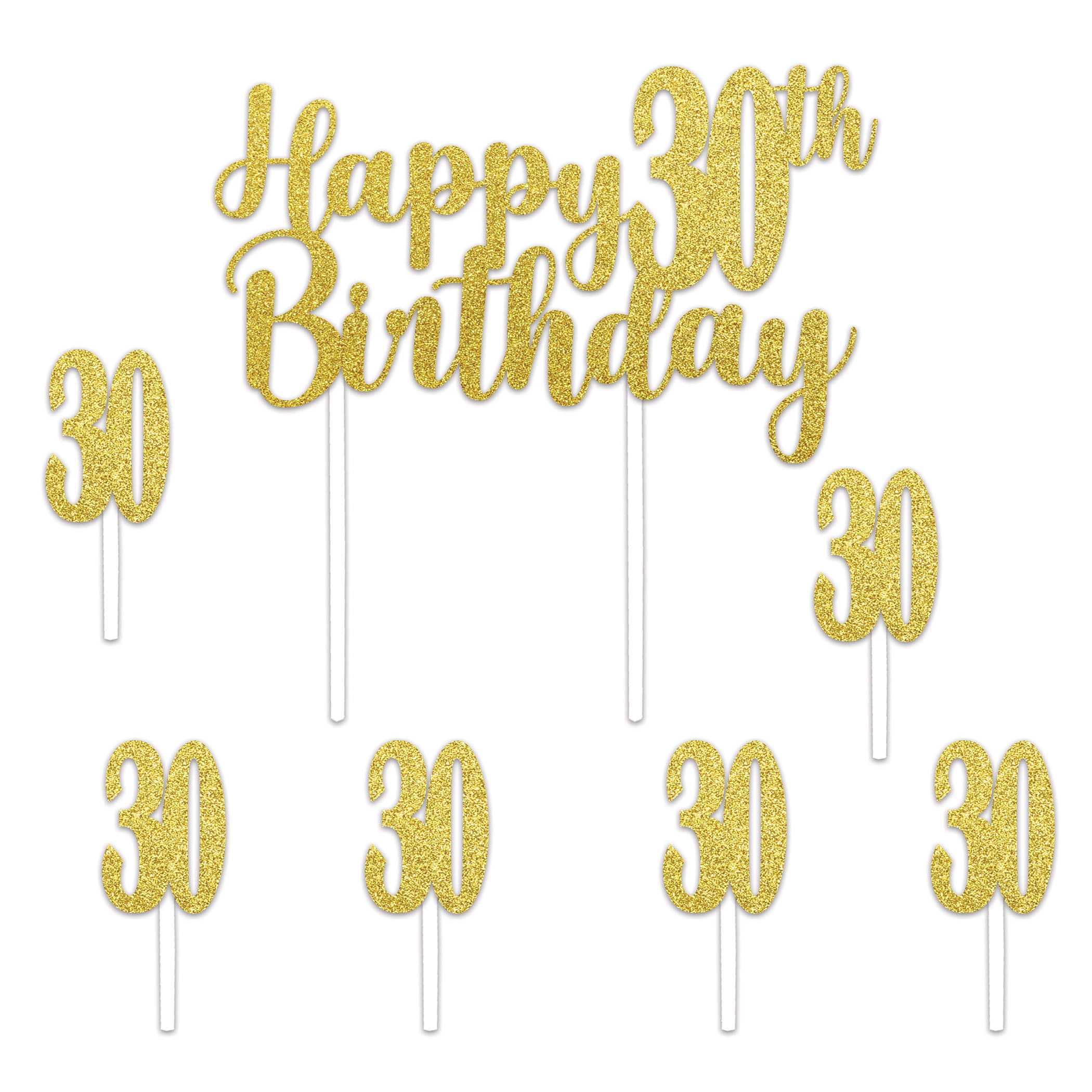 Happy "30th" Birthday Cake Topper Set (Pack of 12) 30th birthday cake topper, glitter gold cake topper, Happy 30th Birthday topper, gold birthday picks, milestone birthday decorations, cake decorations, Party Express cake topper, 30 cupcake picks
