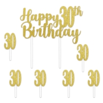 Happy "30th" Birthday Cake Topper Set (Pack of 12) 30th birthday cake topper, glitter gold cake topper, Happy 30th Birthday topper, gold birthday picks, milestone birthday decorations, cake decorations, Party Express cake topper, 30 cupcake picks