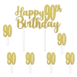 Happy "90th" Birthday Cake Topper Set (Pack of 12) 90th birthday cake topper, glitter gold cake topper, Happy 90th Birthday topper, gold birthday picks, milestone birthday decorations, cake decorations, Party Express cake topper, 90 cupcake picks