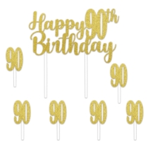 Happy "90th" Birthday Cake Topper Set (Pack of 12) 90th birthday cake topper, glitter gold cake topper, Happy 90th Birthday topper, gold birthday picks, milestone birthday decorations, cake decorations, Party Express cake topper, 90 cupcake picks