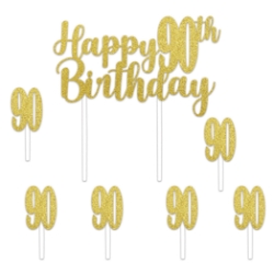 Happy "90th" Birthday Cake Topper Set (Pack of 12) 90th birthday cake topper, glitter gold cake topper, Happy 90th Birthday topper, gold birthday picks, milestone birthday decorations, cake decorations, Party Express cake topper, 90 cupcake picks