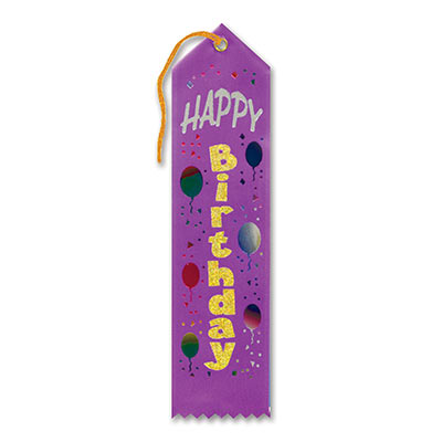 Happy Birthday Award Purple Ribbon with gold and silver lettering and colorful balloons