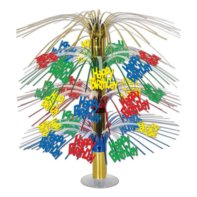 Happy Birthday Cascade Centerpiece with multi-color metallic stands and icons stating "Happy Birthday".