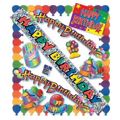 Happy Birthday Party Kit filled with multi-color banner, cutouts and balloon tissue streamer.
