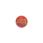 Happy Birthday Satin Red Button with gold and silver lettering and designs