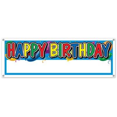 Banner with top half printed with balloons and "Happy Birthday" in multi colors and a white bottom to personalize.