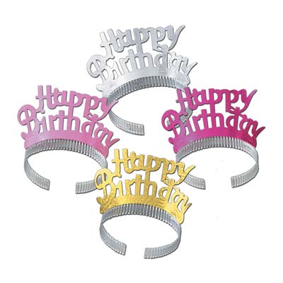 Assorted Colors Happy Birthday Tiaras with foil band