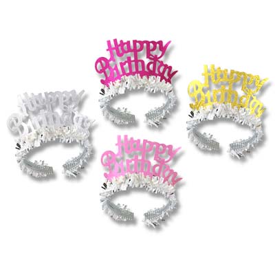 Assorted Colors Happy Birthday Tiaras with Fringe on foil band